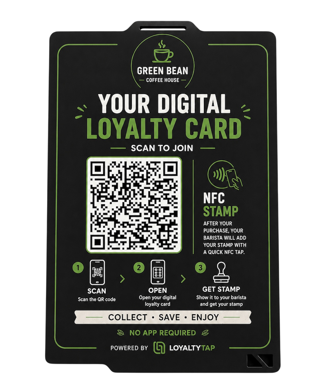 LoyaltyTap digital loyalty card poster showing a QR code, NFC stamp instructions and the LoyaltyTap customer experience