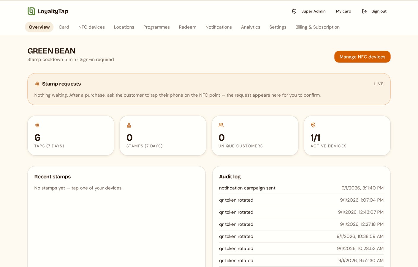 A screenshot of the real LoyaltyTap business dashboard showing taps, stamps, customers, devices and the audit log