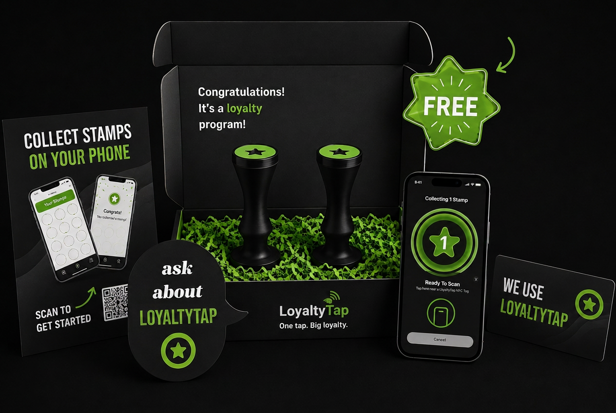 The LoyaltyTap starter kit: two black NFC loyalty stamps with glowing green rings, table talkers, window sticker and a phone showing a coffee loyalty card