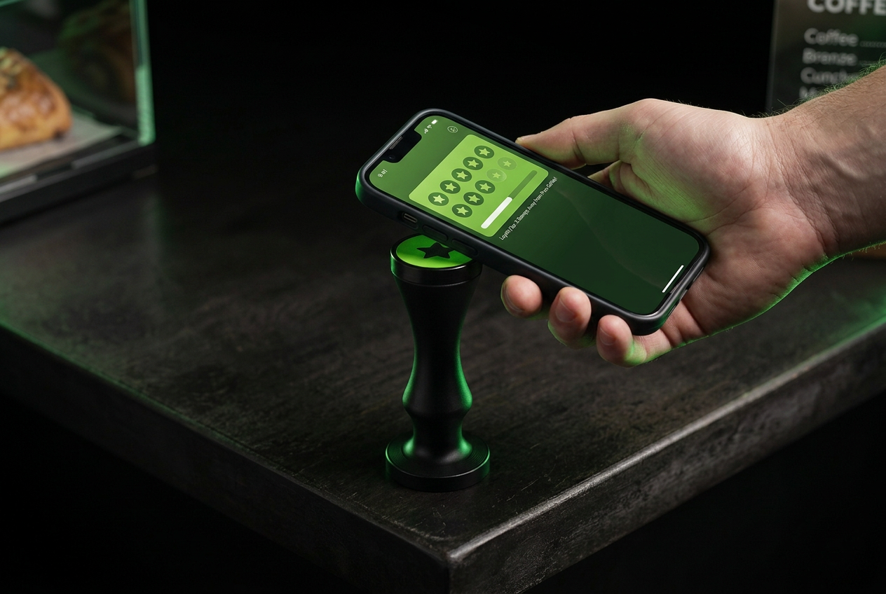 A customer tapping their phone on the LoyaltyTap NFC stamp on a café counter
