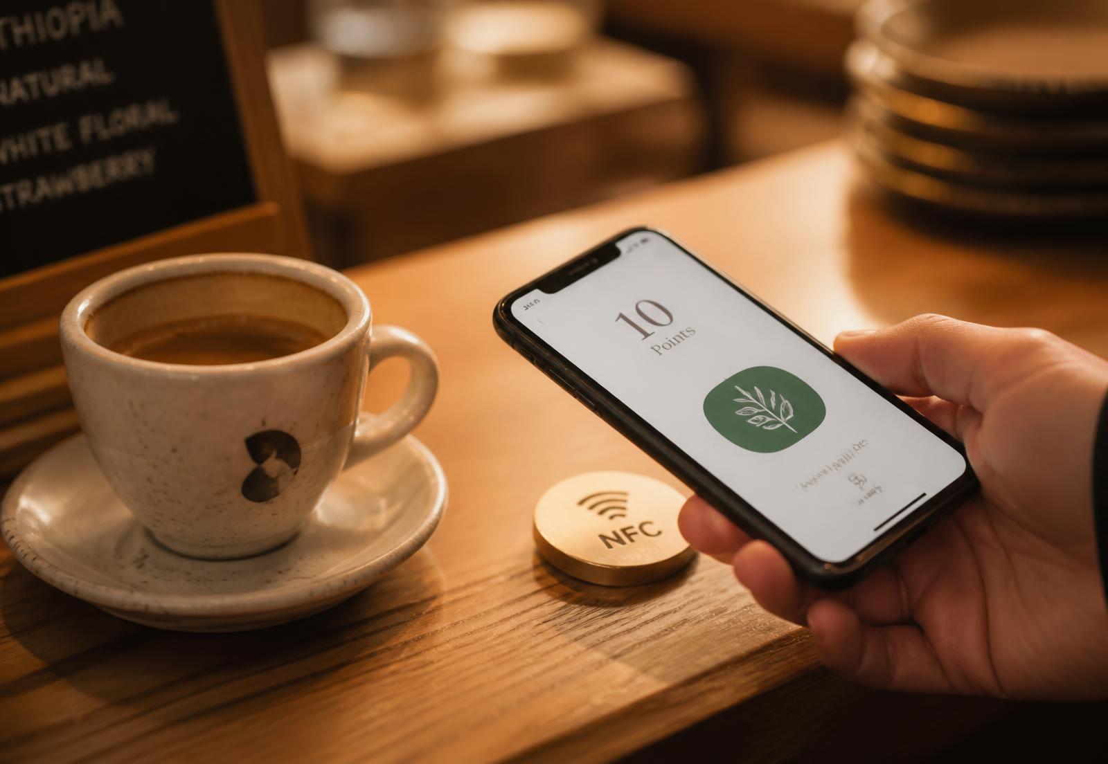 Customer tapping a phone on a brass NFC loyalty point on a café counter
